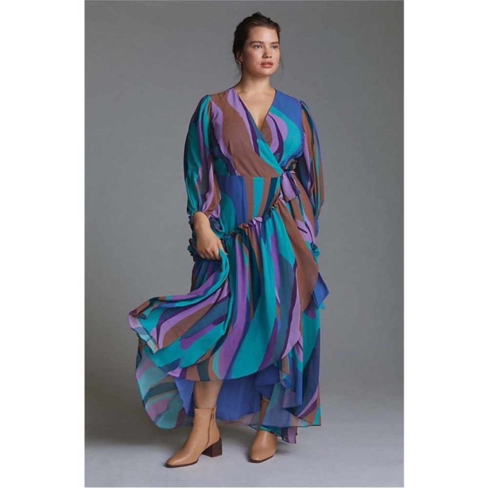 Anthropologie Hutch XL Geo Wrap balloon sleeve maxi dress